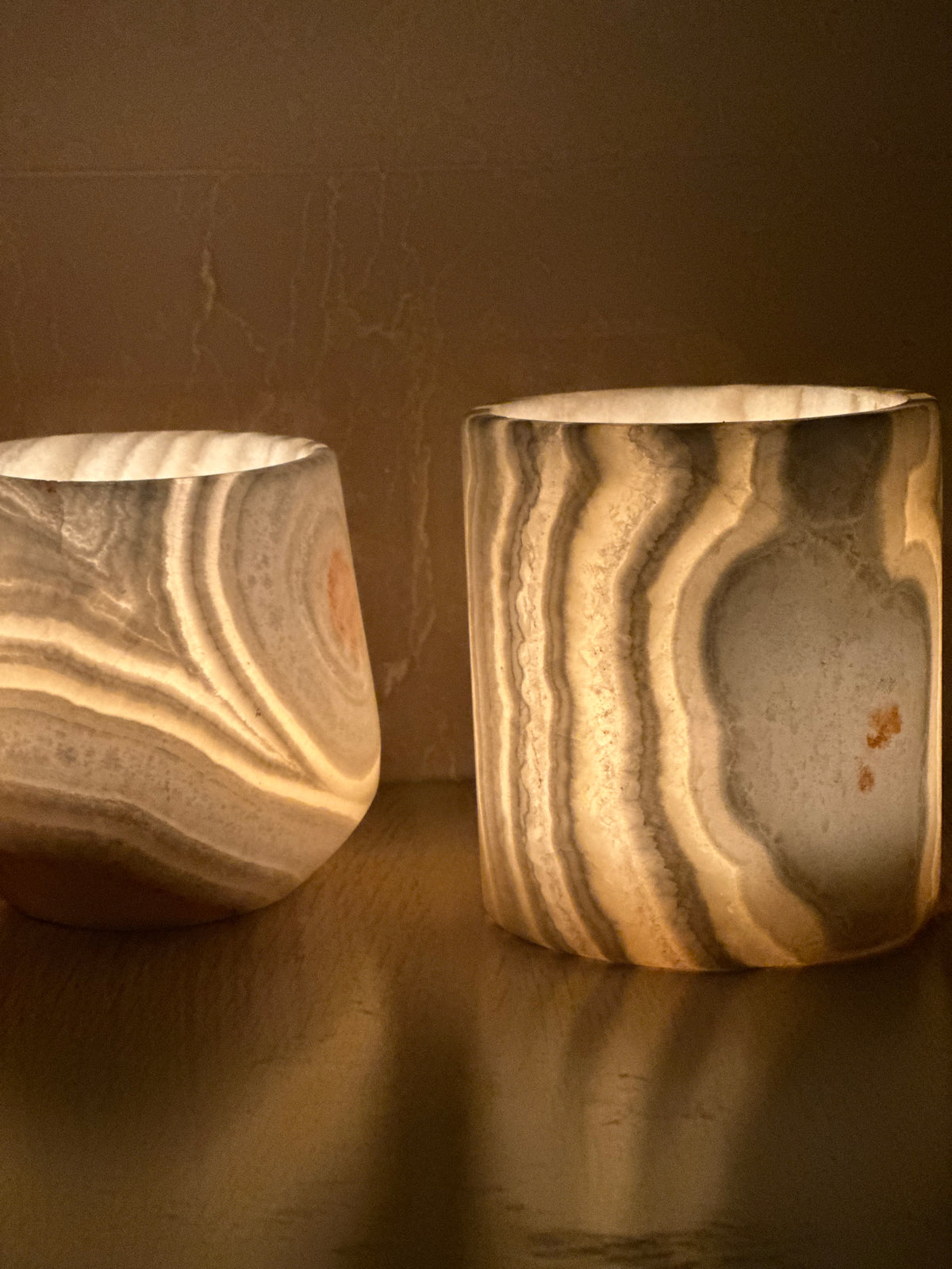 Veined White Alabaster Candle Holders Set of 3 | Hand-Carved Sphere, Cylinder & Teardrop Stone Vessels | Egyptian Marble Tea Light Set | Luxury Home Accent