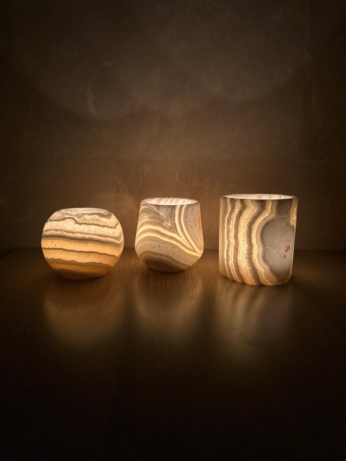 Veined White Alabaster Candle Holders Set of 3 | Hand-Carved Sphere, Cylinder & Teardrop Stone Vessels | Egyptian Marble Tea Light Set | Luxury Home Accent