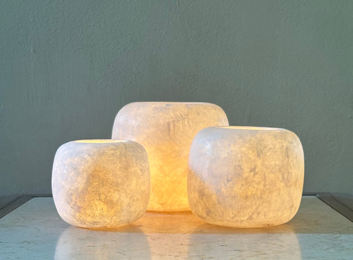 Round Sphere White Alabaster Candle Holder | Hand-Carved Globe Stone Vessel & Bowl | Egyptian Marble Tea Light Accent | Luxury Sphere Home Decor