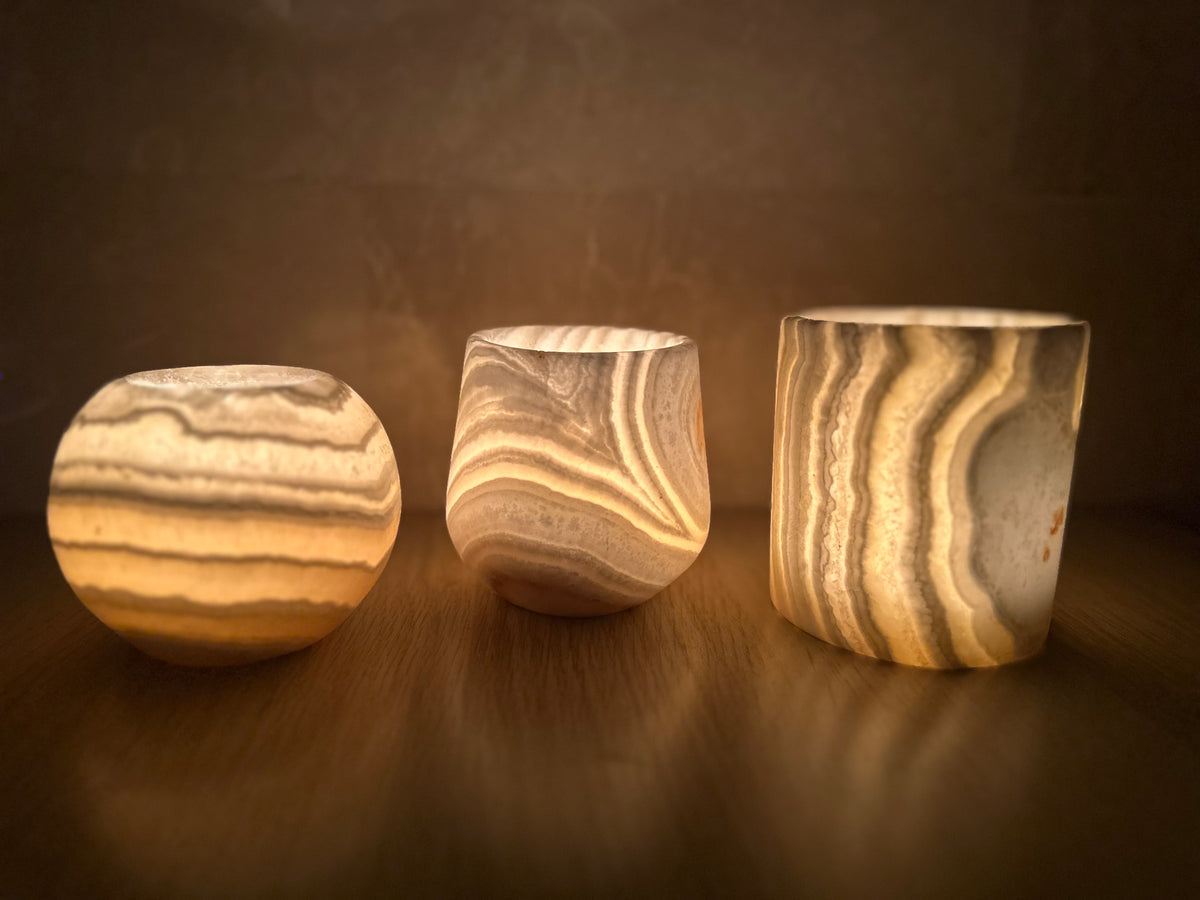 Veined White Alabaster Candle Holders Set of 3 | Hand-Carved Sphere, Cylinder & Teardrop Stone Vessels | Egyptian Marble Tea Light Set | Luxury Home Accent