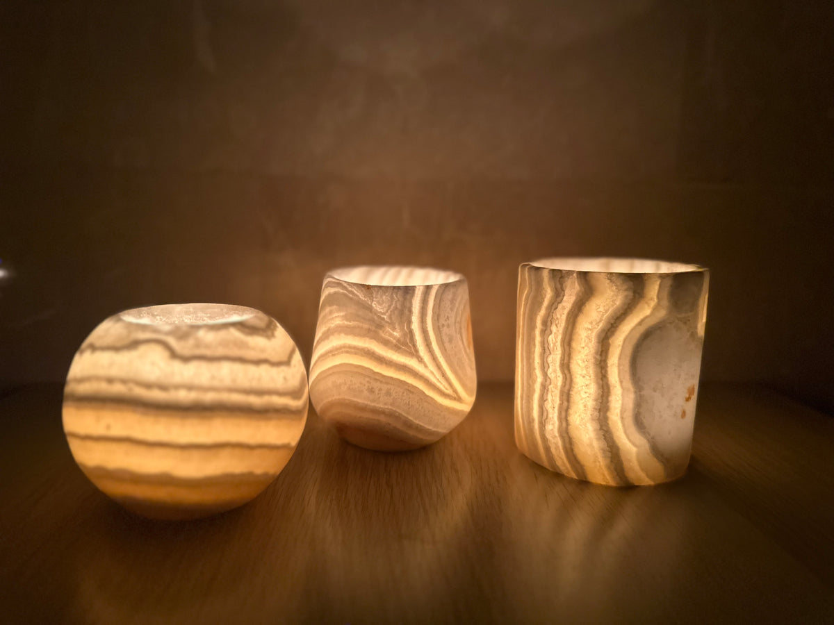 Veined White Alabaster Candle Holders Set of 3 | Hand-Carved Sphere, Cylinder & Teardrop Stone Vessels | Egyptian Marble Tea Light Set | Luxury Home Accent