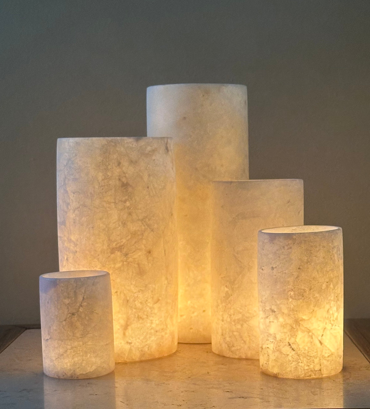 White Alabaster Cylinder Candle Holder | Handmade Natural Stone Vessel | Translucent Marble Candlelight Decor | Egyptian Alabaster Vase.