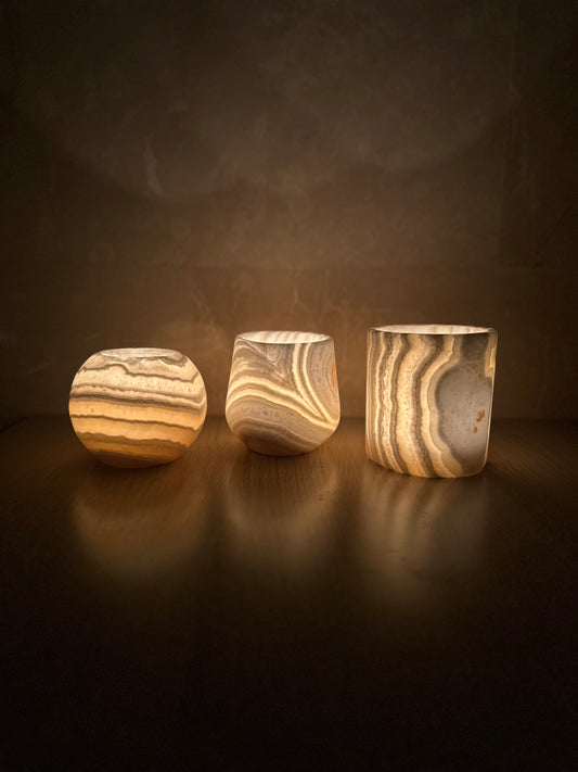 Veined White Alabaster Candle Holders Set of 3 | Hand-Carved Sphere, Cylinder & Teardrop Stone Vessels | Egyptian Marble Tea Light Set | Luxury Home Accent