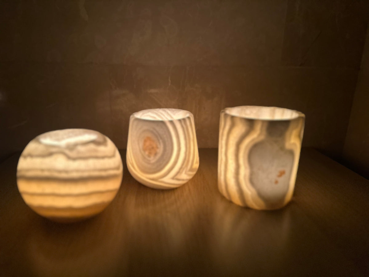 Veined White Alabaster Candle Holders Set of 3 | Hand-Carved Sphere, Cylinder & Teardrop Stone Vessels | Egyptian Marble Tea Light Set | Luxury Home Accent