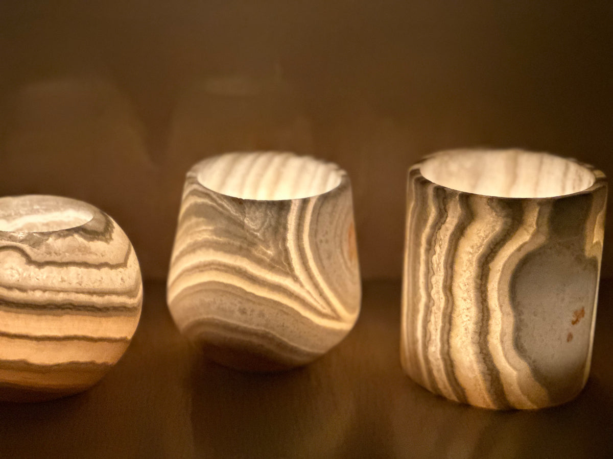 Veined White Alabaster Candle Holders Set of 3 | Hand-Carved Sphere, Cylinder & Teardrop Stone Vessels | Egyptian Marble Tea Light Set | Luxury Home Accent