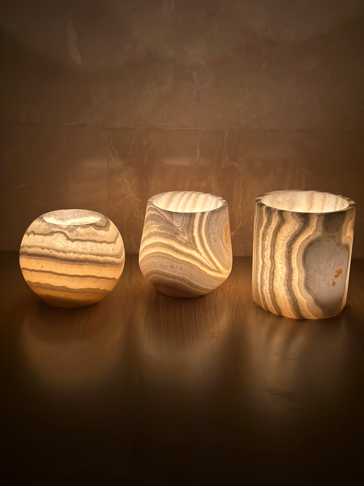 Veined White Alabaster Candle Holders Set of 3 | Hand-Carved Sphere, Cylinder & Teardrop Stone Vessels | Egyptian Marble Tea Light Set | Luxury Home Accent