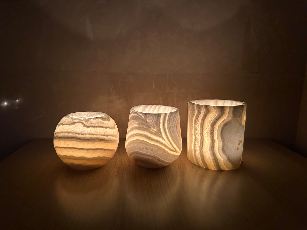 Veined White Alabaster Candle Holders Set of 3 | Hand-Carved Sphere, Cylinder & Teardrop Stone Vessels | Egyptian Marble Tea Light Set | Luxury Home Accent