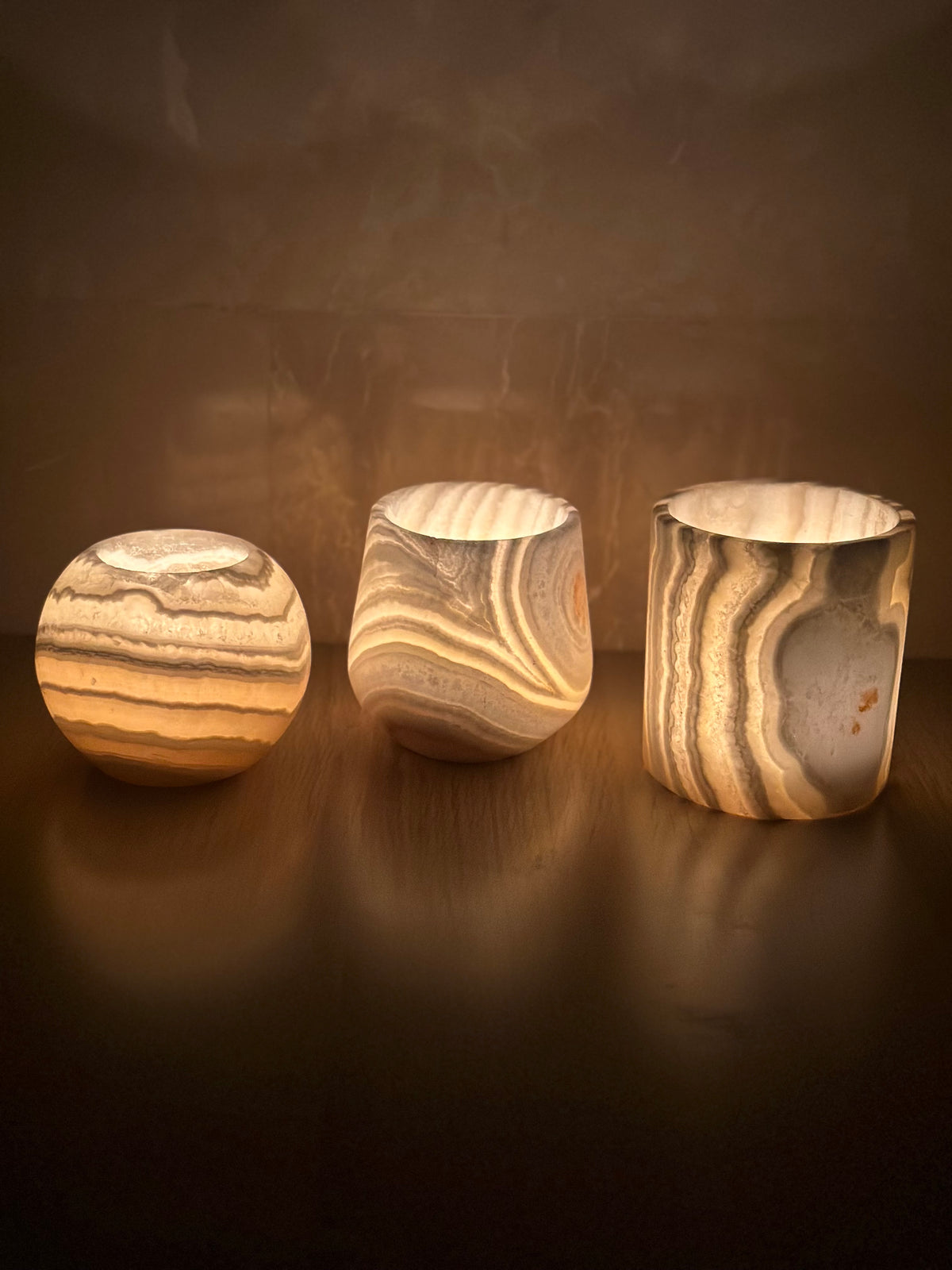 Veined White Alabaster Candle Holders Set of 3 | Hand-Carved Sphere, Cylinder & Teardrop Stone Vessels | Egyptian Marble Tea Light Set | Luxury Home Accent