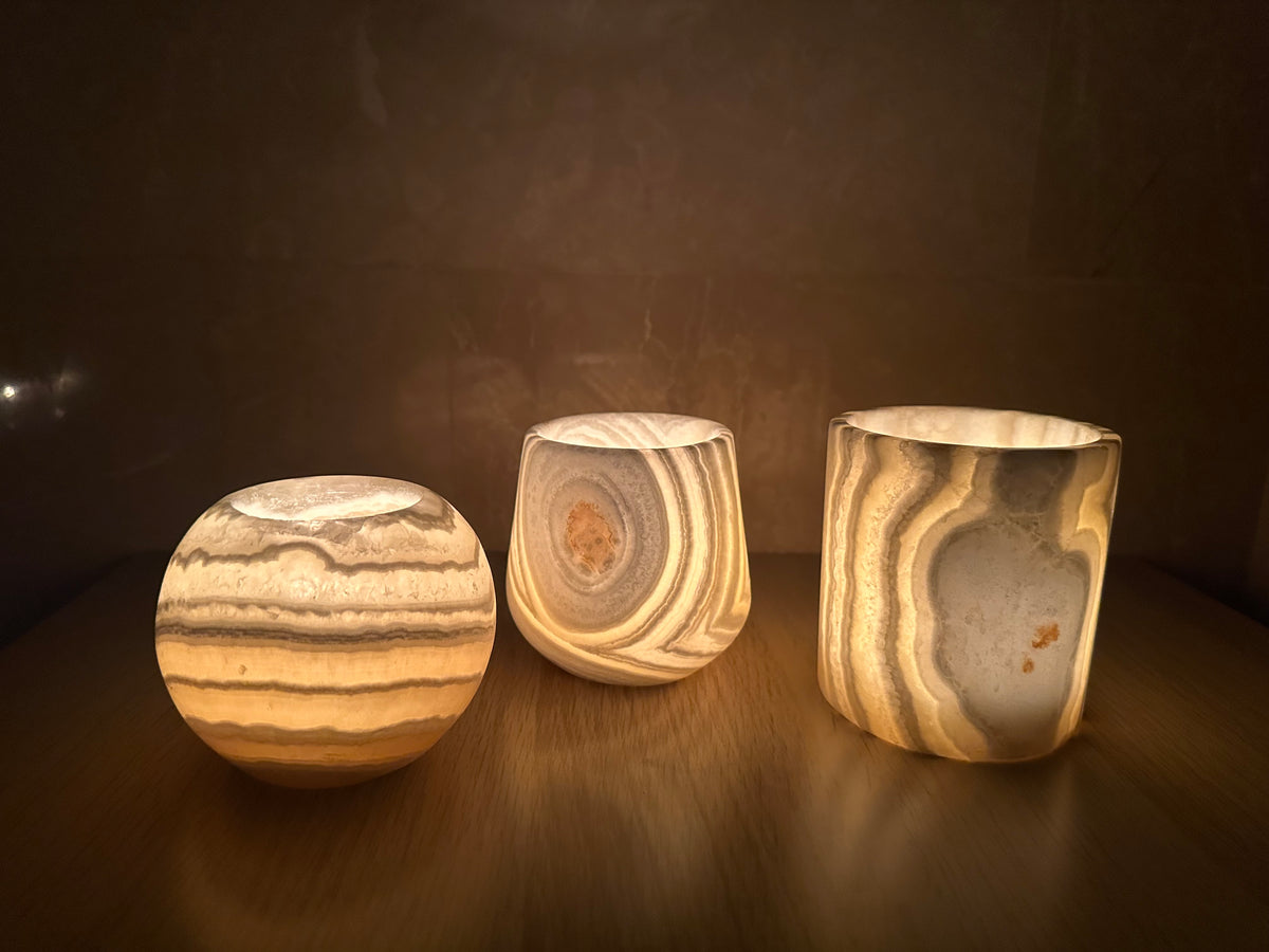 Veined White Alabaster Candle Holders Set of 3 | Hand-Carved Sphere, Cylinder & Teardrop Stone Vessels | Egyptian Marble Tea Light Set | Luxury Home Accent